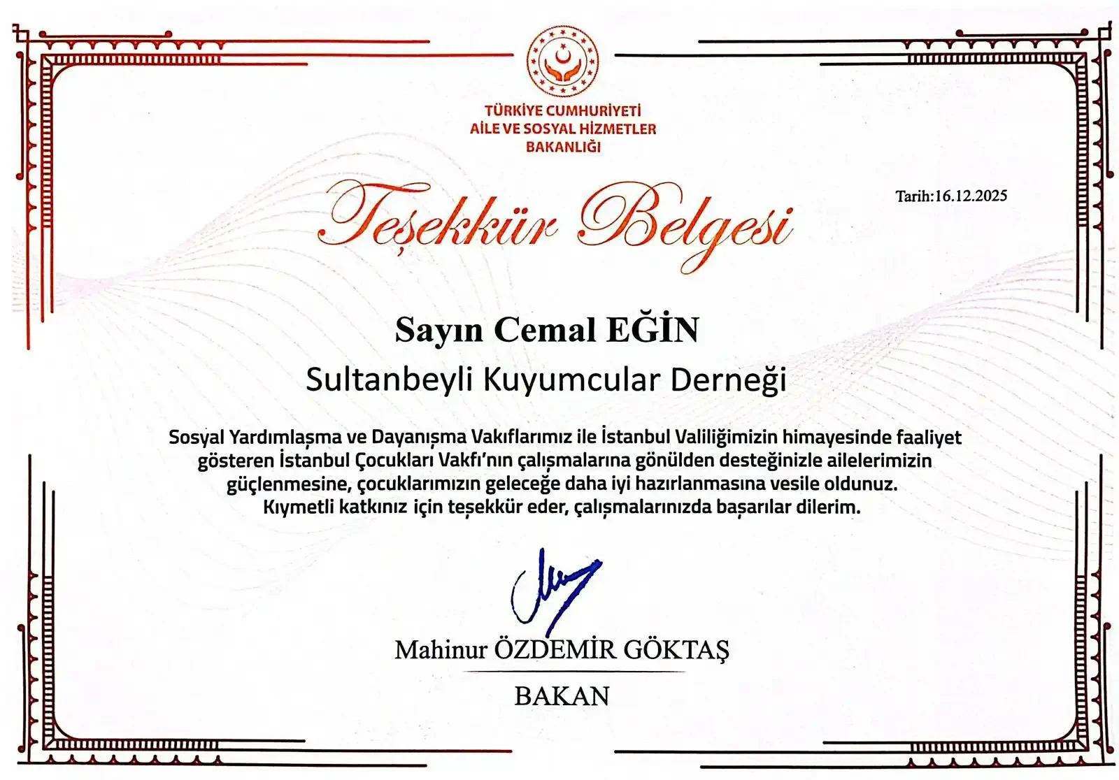 Sultanbeyli Kuyumcular Derneği’ne Teşekkür Belgesi