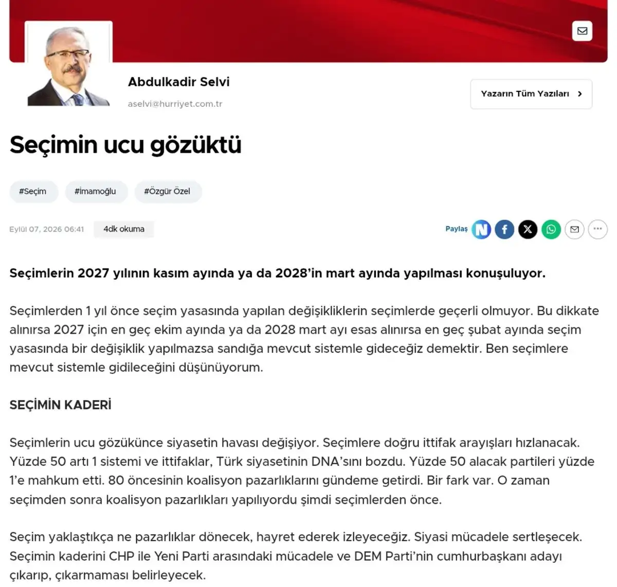 Hürriyet yazarı Abdülkadir Selvi, olası seçim tarihine ilişkin kulis bilgilerini
