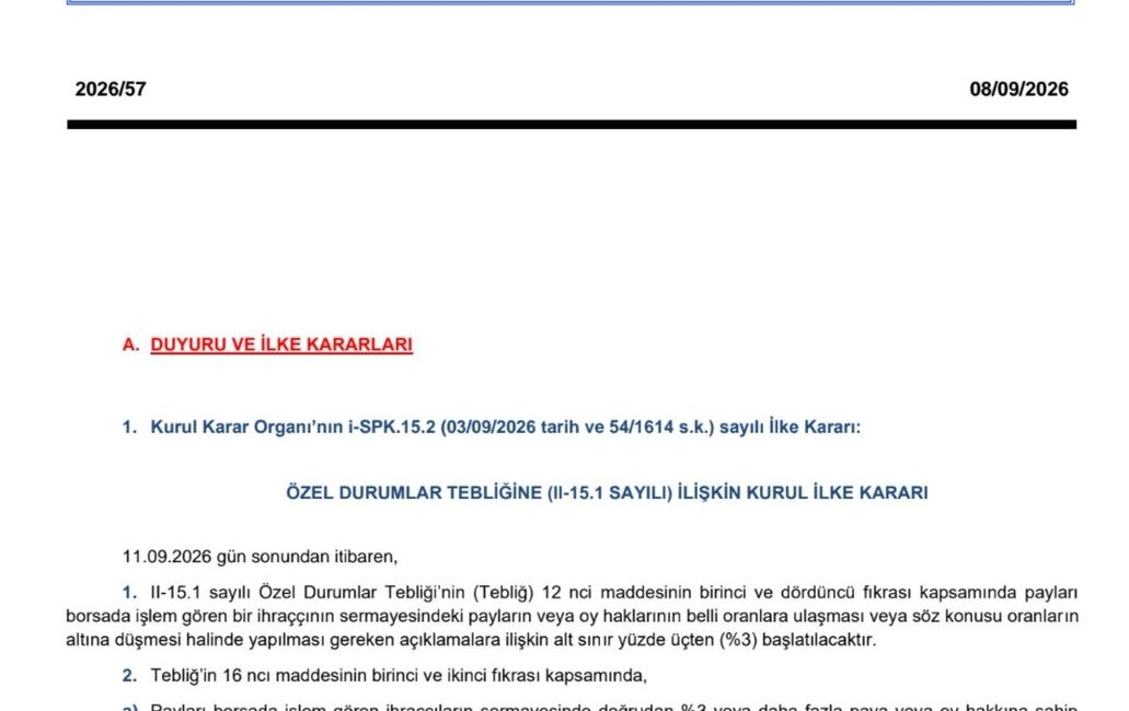 Sermaye Piyasası Kurulu pay ve oy hakkı bildirimlerinde yüzde 3