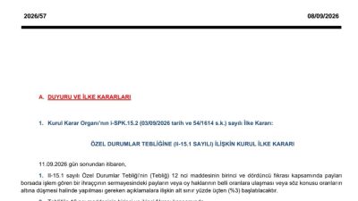 Sermaye Piyasası Kurulu pay ve oy hakkı bildirimlerinde yüzde 3