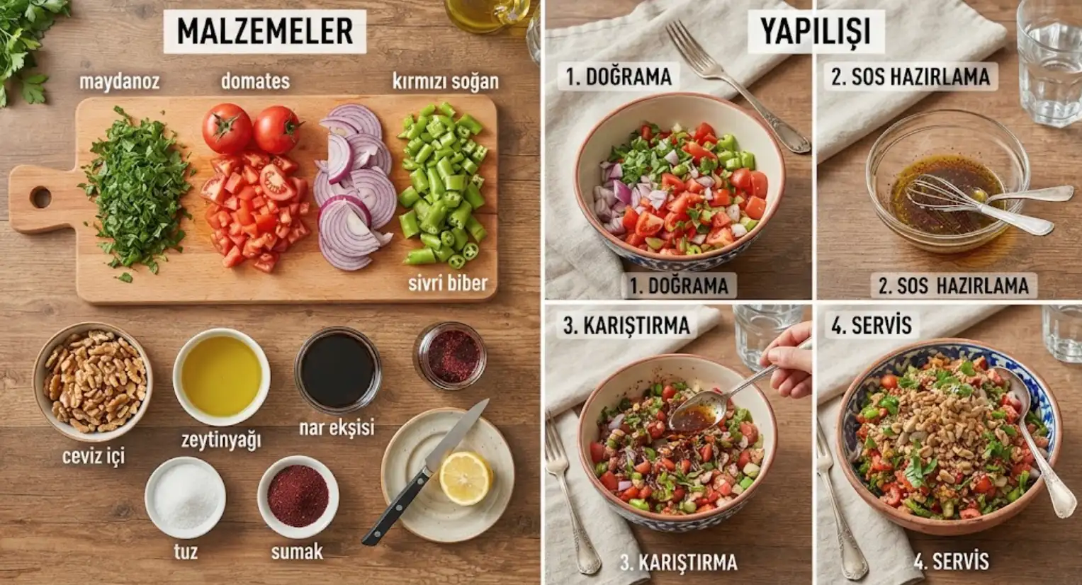 Cevizli Gavurdagi Salatasi tarifi için gerekli malzemeler, ölçüler ve adım