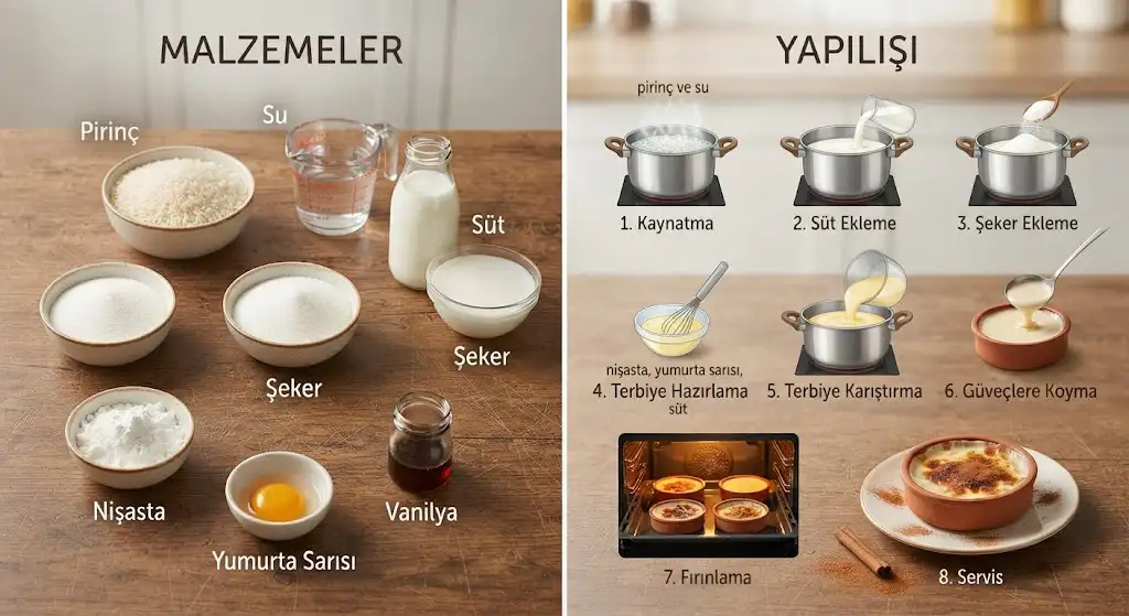Fırın Sütlaç tarifi için gerekli malzemeler, ölçüler ve adım adım