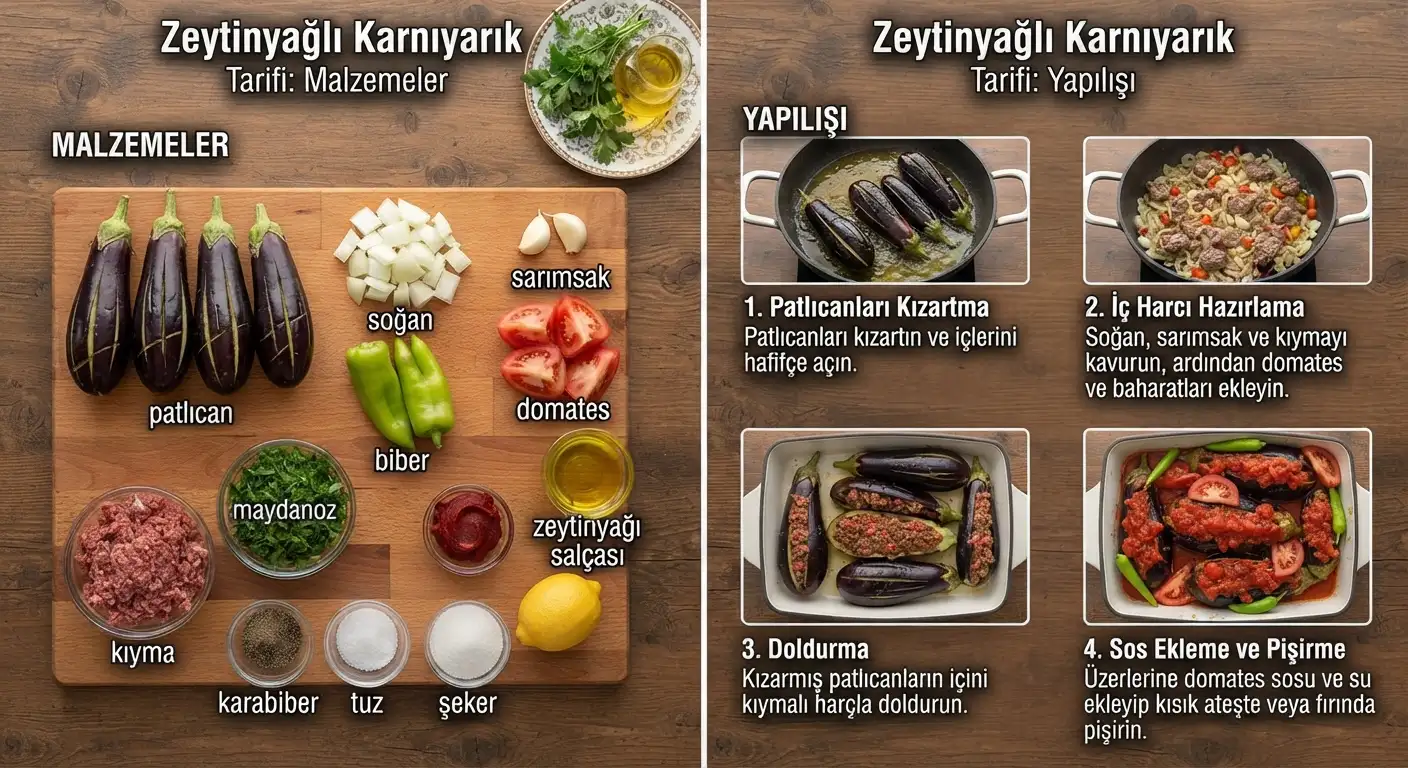 Zeytinyagli Karniyarik tarifi için gerekli malzemeler, ölçüler ve adım adım