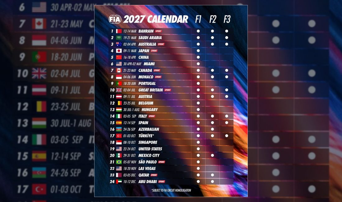 Formula yarışlarının 2027 yılı takvimi resmen açıklandı. Türkiye, 1-3 Ekim