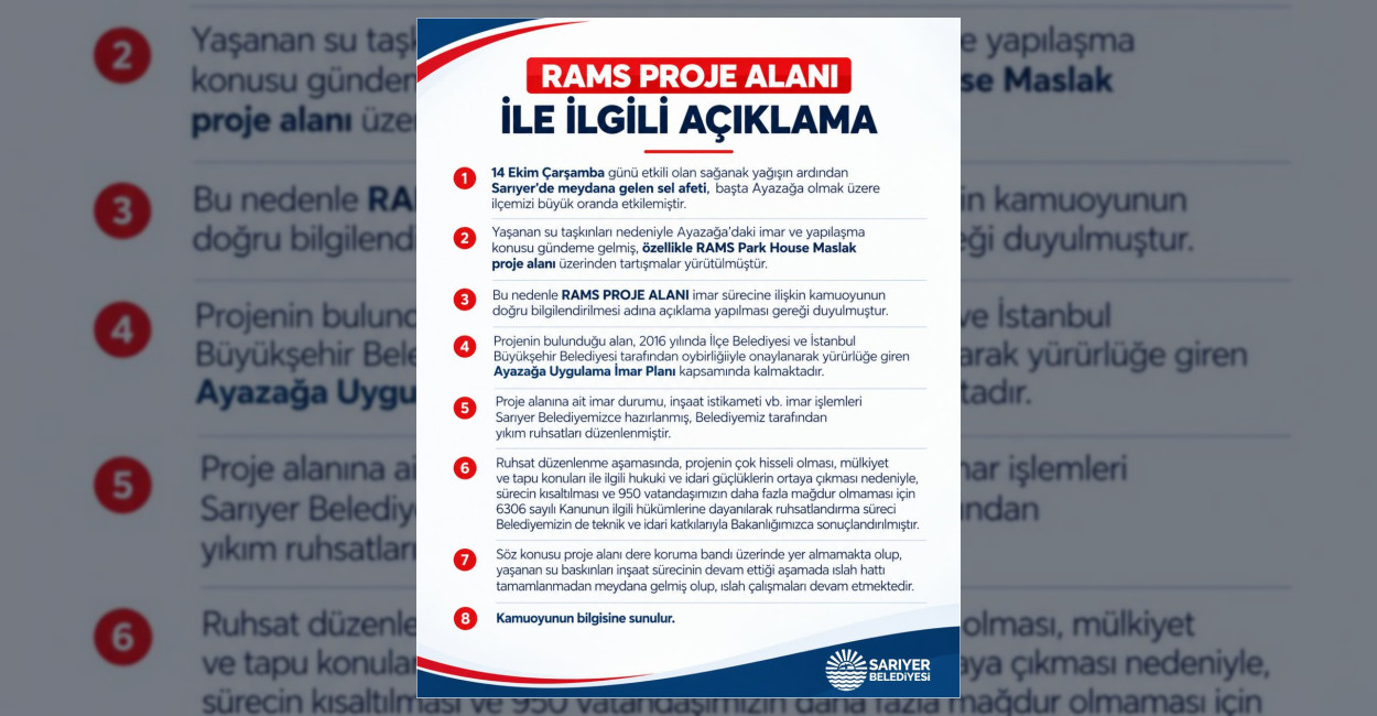 Sarıyer Belediyesinden Ayazağa Rams Proje Alanı Açıklaması