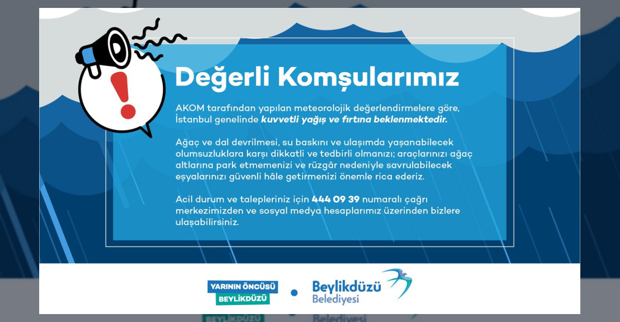 Beylikdüzü Belediyesi’nden Fırtına ve Rüzgar Uyarısı